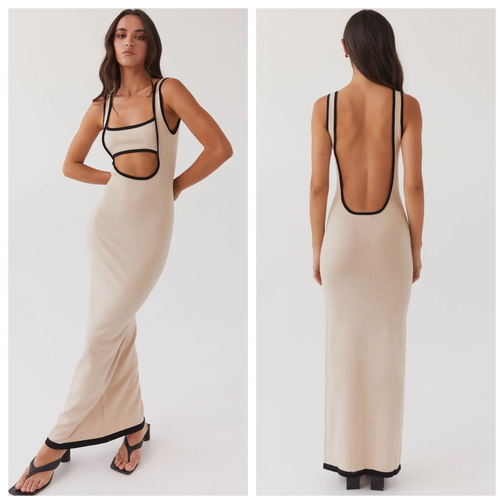 Peppermayo Beige Black Knit Maxi Dress Front Cutout Open Back XS/S